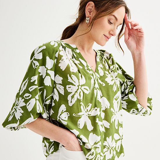  Women's Sonoma Goods For Life® Shirred Balloon Sleeve Y-Neck Top