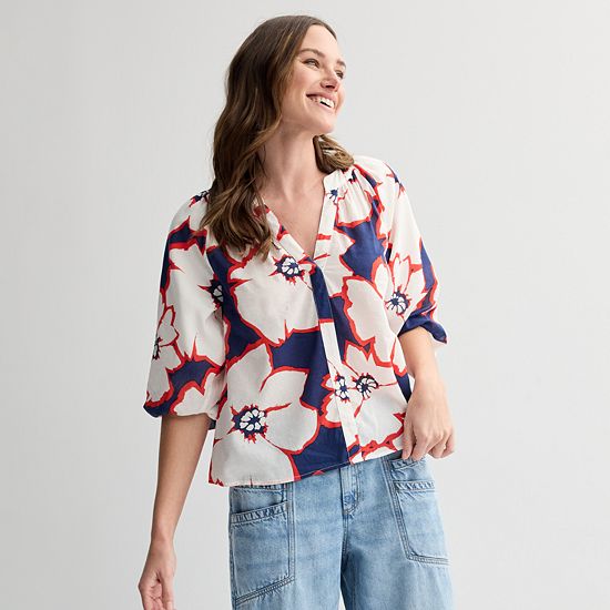  Women's Sonoma Goods For Life® Shirred Balloon Sleeve Y-Neck Top