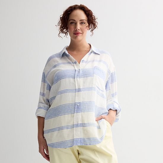  Plus Size Sonoma Goods For Life® Oversized Linen-Blend Boyfriend Shirt