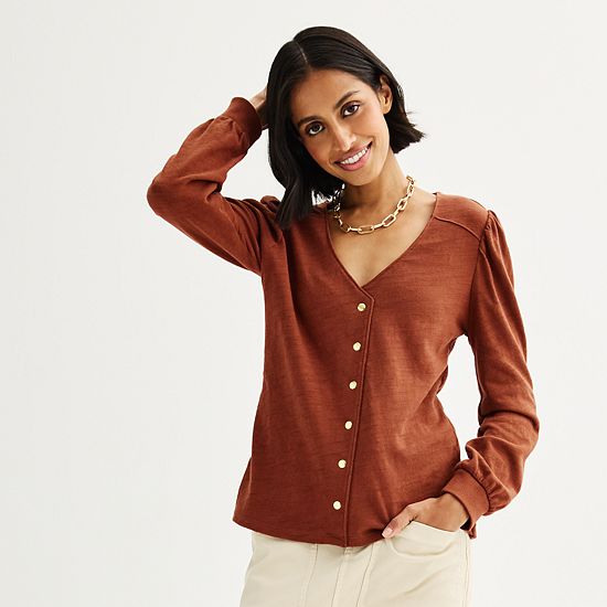  Women's Sonoma Goods For Life® Long Sleeve V-Neck Button-Up Top
