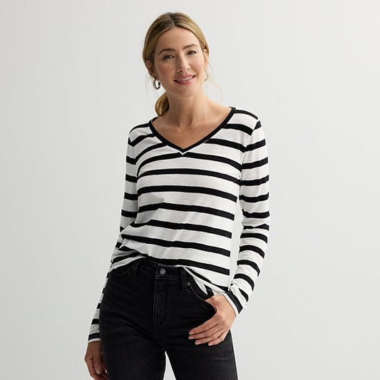  Women's Sonoma Goods For Life® Everyday Long Sleeve V-Neck Striped T-Shirt