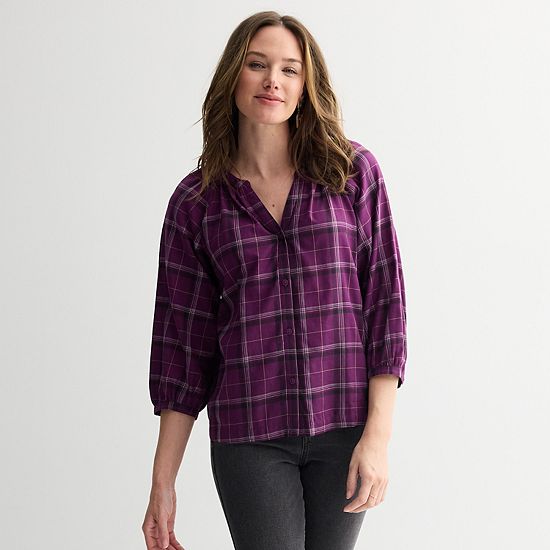  Women's Sonoma Goods For Life® Plaid Button-Through Peasant Top