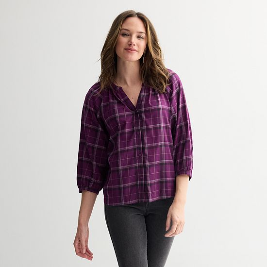  Petite Sonoma Goods For Life® Plaid Button-Through Peasant Top