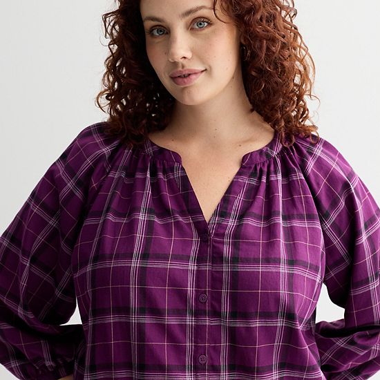  Plus Size Sonoma Goods For Life® Plaid Button-Up Peasant Blouse