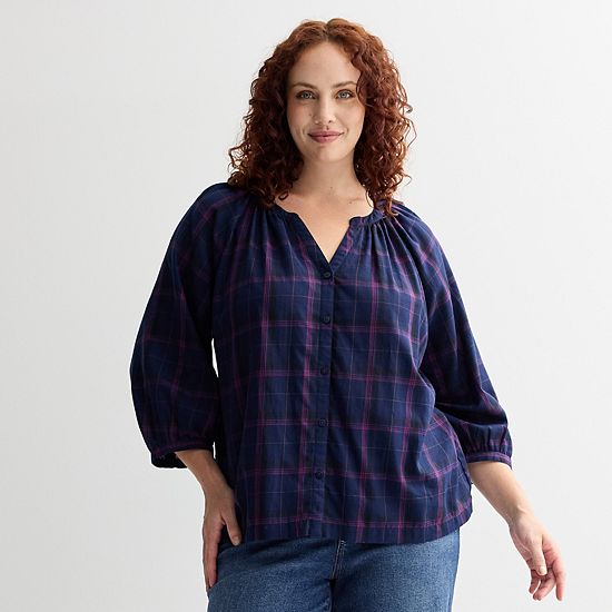  Plus Size Sonoma Goods For Life® Plaid Button-Up Peasant Blouse