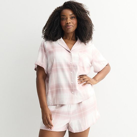  Plus Size Sonoma Goods For Life® 2-pc. Flannel Notch Pajama Top & Pajama Shorts Set