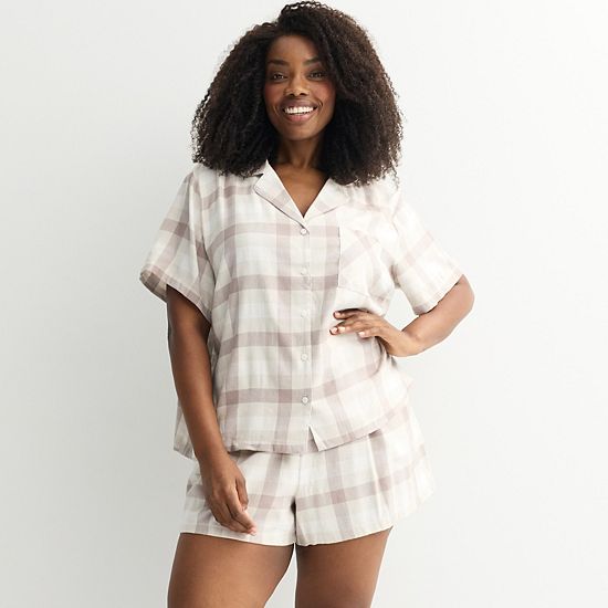  Plus Size Sonoma Goods For Life® 2-pc. Flannel Notch Pajama Top & Pajama Shorts Set