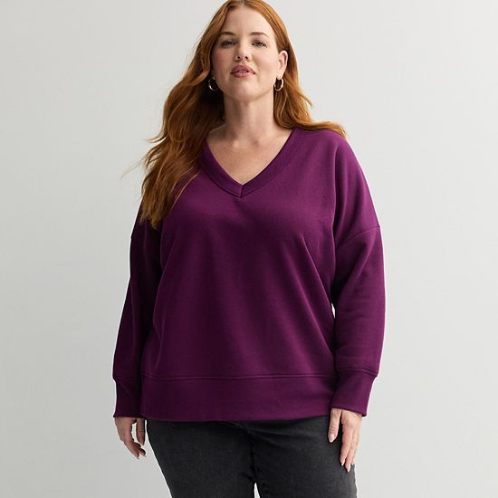  Plus Size Sonoma Goods For Life® V-Neck Relaxed Fit Fleece Sweatshirt