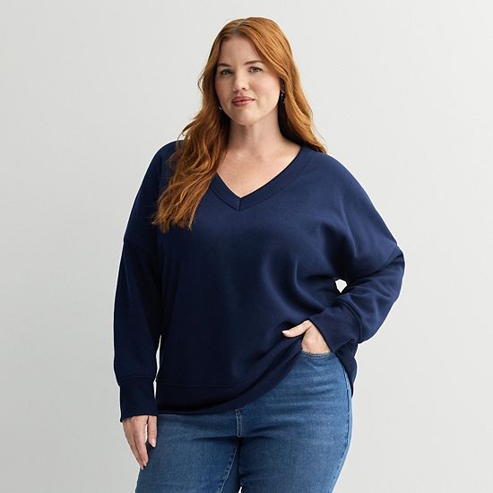  Plus Size Sonoma Goods For Life® V-Neck Relaxed Fit Fleece Sweatshirt