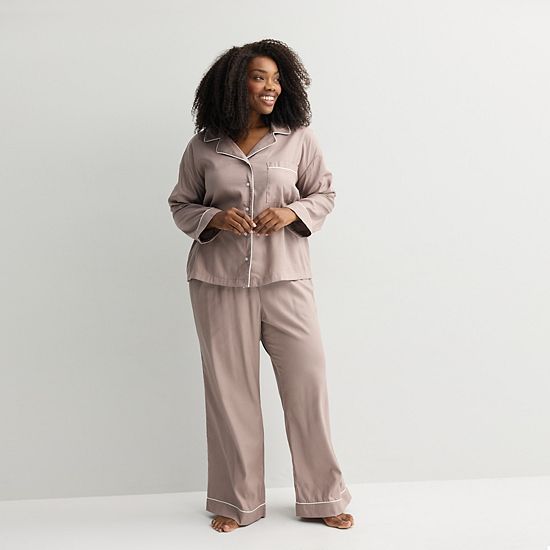  Plus Size Sonoma Goods For Life® 2-pc. Woven Notch Pajama Top & Pajama Bottoms Set