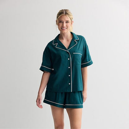  Women's Sonoma Goods For Life® Short Woven Notch 2-pc. Pajama Top And Pajama Shorts Set