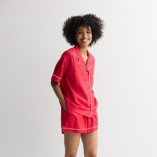 Women's Sonoma Goods For Life® Short Woven Notch 2-pc. Pajama Top And Pajama Shorts Set