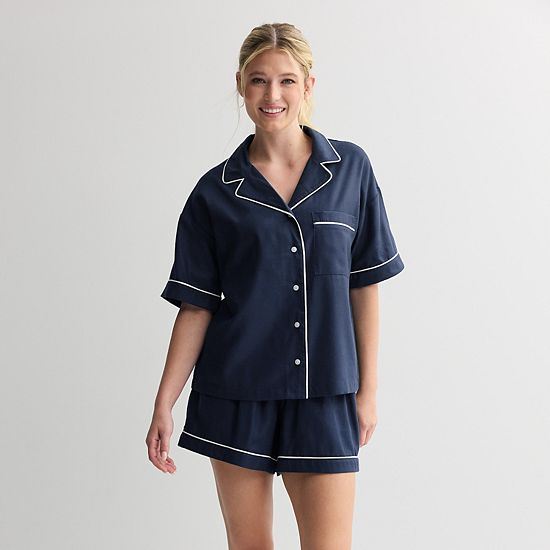  Women's Sonoma Goods For Life® Short Woven Notch 2-pc. Pajama Top And Pajama Shorts Set